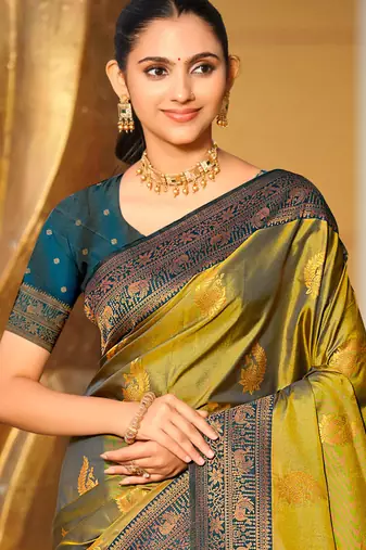 olive green soft silk woven work traditional saree