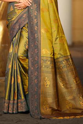 olive green soft silk woven work traditional saree 3