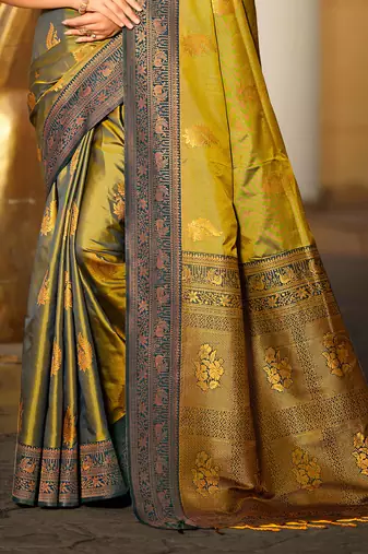 olive green soft silk woven work traditional saree