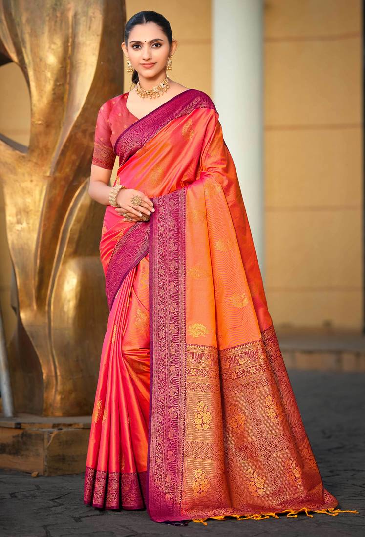 rani pink soft silk woven work traditional saree