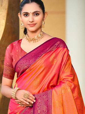 rani pink soft silk woven work traditional saree 2