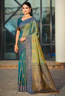 sea green soft silk woven work traditional saree 1