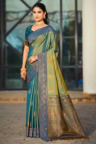 sea green soft silk woven work traditional saree