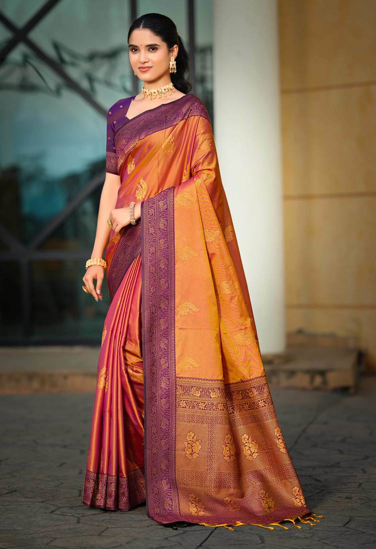 copper gold soft silk woven work traditional saree