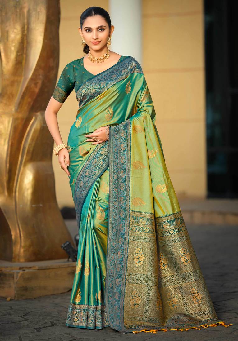 sea green soft silk woven work traditional saree