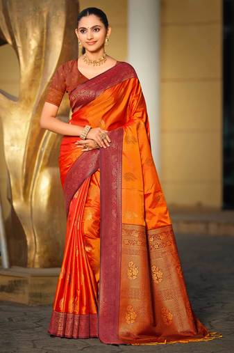 bright orange soft silk woven work traditional saree