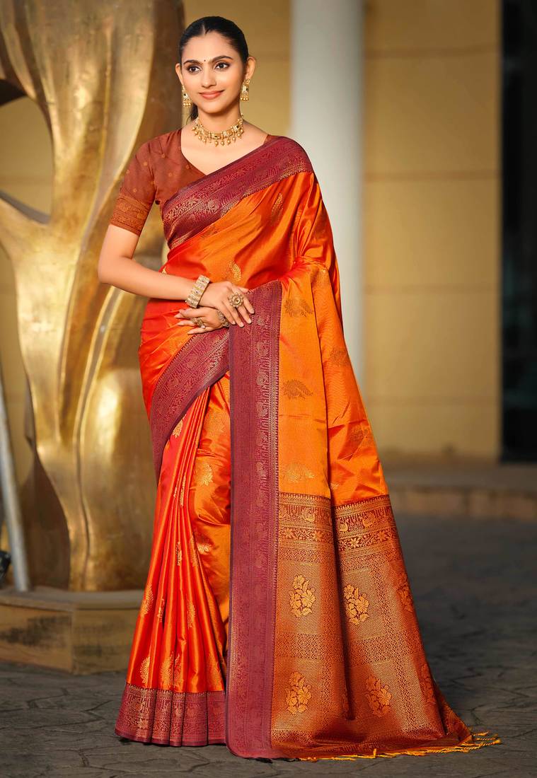 bright orange soft silk woven work traditional saree