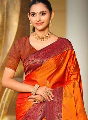 bright orange soft silk woven work traditional saree 2