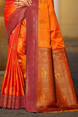 bright orange soft silk woven work traditional saree 3