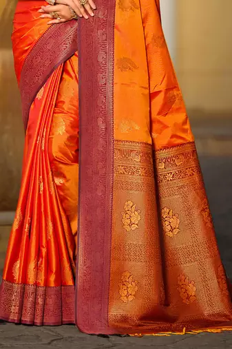 bright orange soft silk woven work traditional saree