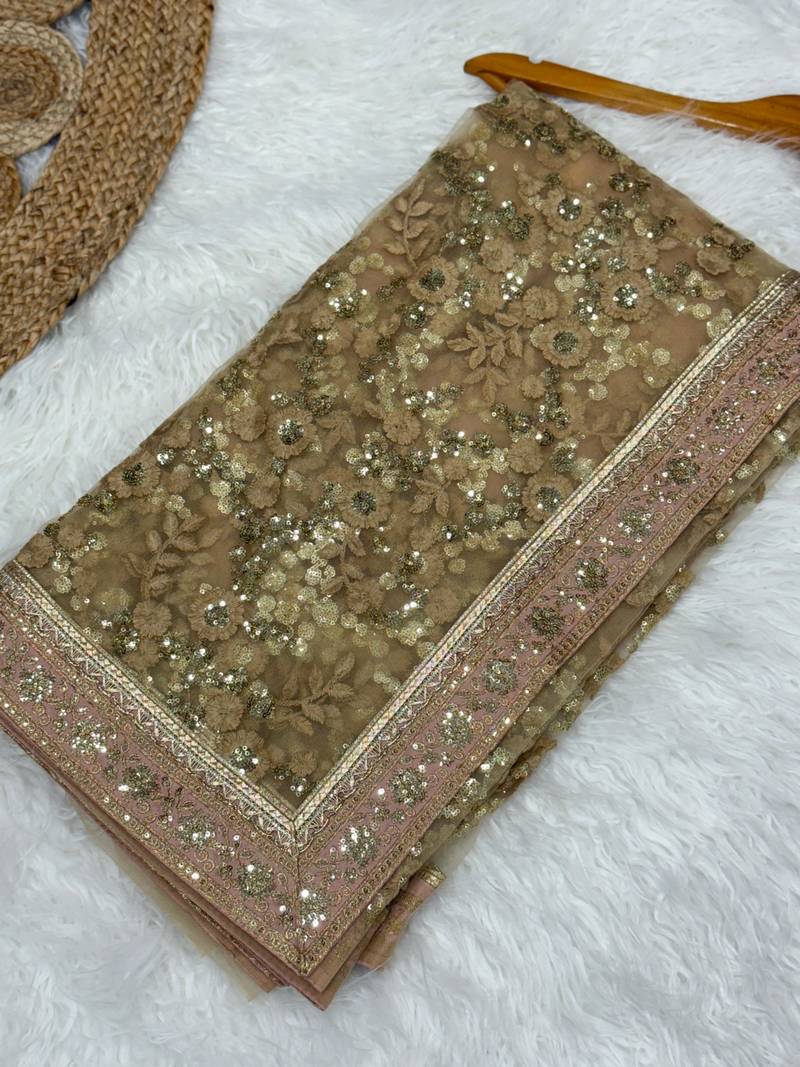 Beige color Fully Embroidered soft mono net Saree