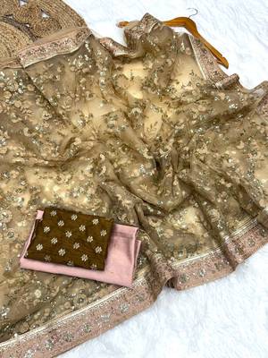 Beige color Fully Embroidered soft mono net Saree 2