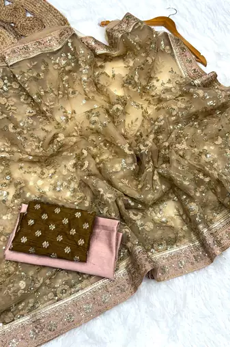 Beige color Fully Embroidered soft mono net Saree