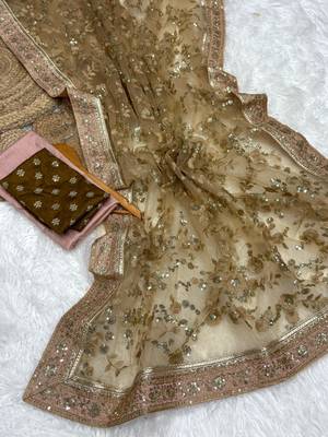 Beige color Fully Embroidered soft mono net Saree 3
