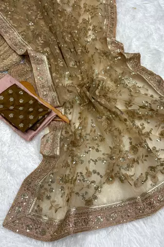 Beige color Fully Embroidered soft mono net Saree