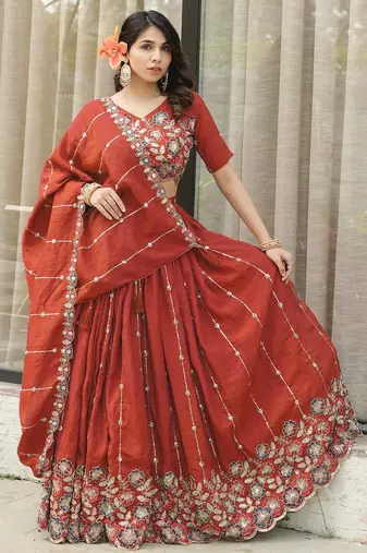 Rust-Orange Multi Embroidery & Pipe Bead Work Lehenga With Fully Stitched Blouse