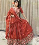 Rust-Orange Multi Embroidery & Pipe Bead Work Lehenga With Fully Stitched Blouse