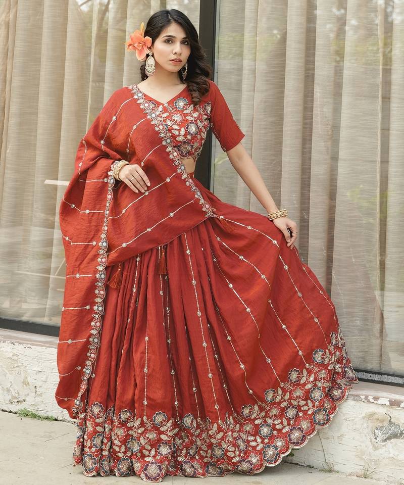 Rust-Orange Multi Embroidery & Pipe Bead Work Lehenga With Fully Stitched Blouse
