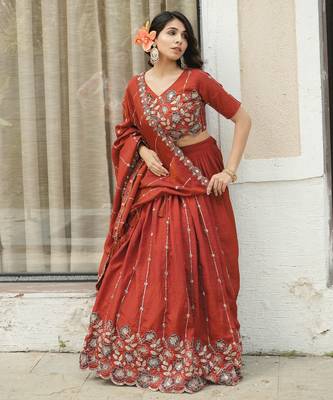 Rust-Orange Multi Embroidery & Pipe Bead Work Lehenga With Fully Stitched Blouse 2