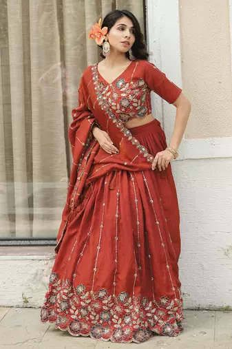 Rust-Orange Multi Embroidery & Pipe Bead Work Lehenga With Fully Stitched Blouse
