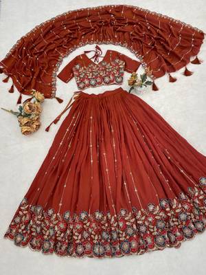 Rust-Orange Multi Embroidery & Pipe Bead Work Lehenga With Fully Stitched Blouse 3