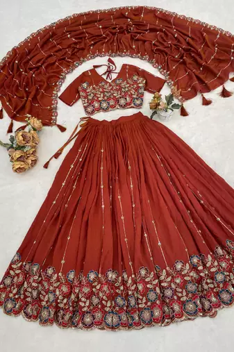 Rust-Orange Multi Embroidery & Pipe Bead Work Lehenga With Fully Stitched Blouse