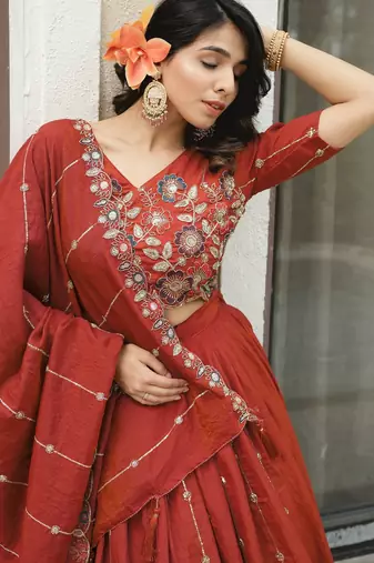 Rust-Orange Multi Embroidery & Pipe Bead Work Lehenga With Fully Stitched Blouse