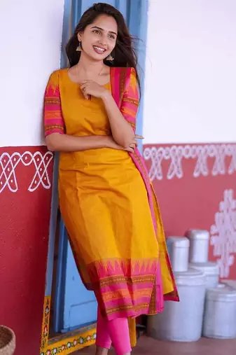 Yellow readymade kanchi cotton v-neck top – available in s to 3xl
