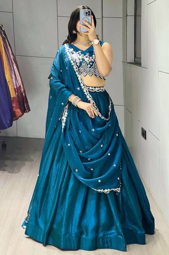 teal art silk lehenga with beads work