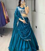 teal art silk lehenga with beads work