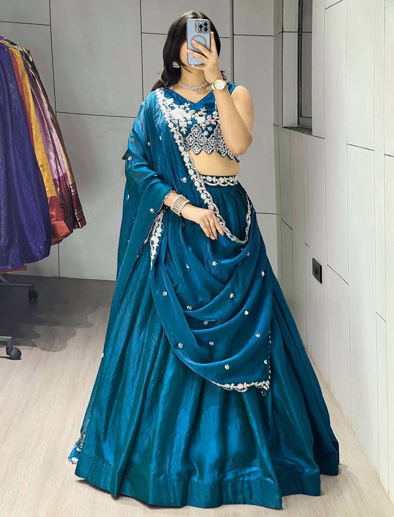 Teal Color Premium Beads Work Fendy Lehenga With Fully Unstitched Blouse