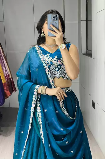 Teal Color Premium Beads Work Fendy Lehenga With Fully Unstitched Blouse