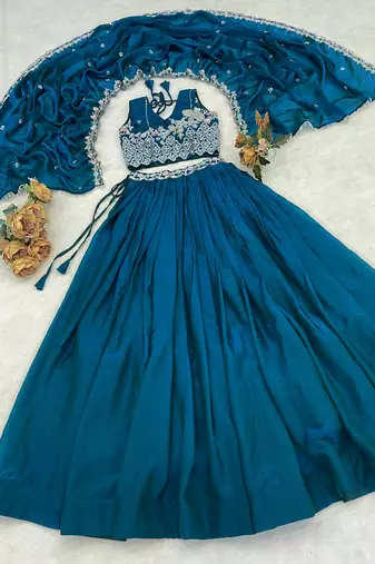 Teal Color Premium Beads Work Fendy Lehenga With Fully Unstitched Blouse