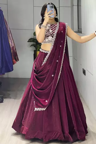 Wine Color Premium Beads Work Fendy Lehenga With Fully Unstitched Blouse