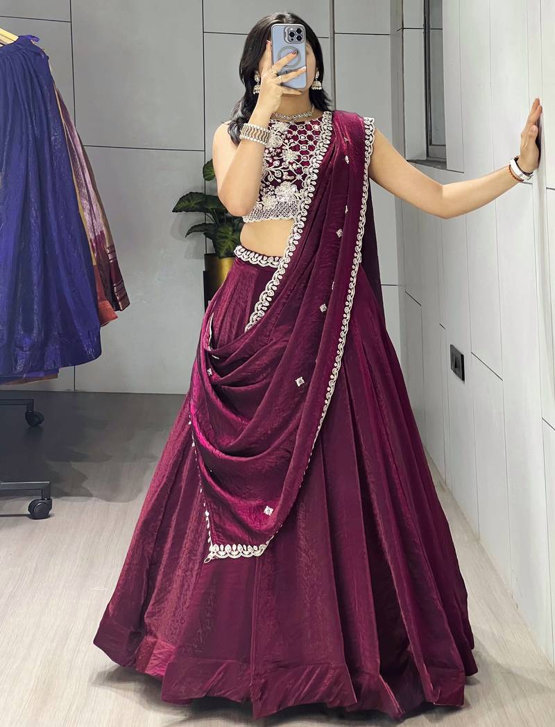 Wine Color Premium Beads Work Fendy Lehenga With Fully Unstitched Blouse