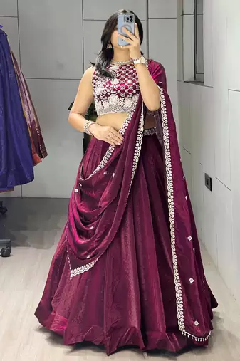 Wine Color Premium Beads Work Fendy Lehenga With Fully Unstitched Blouse