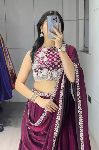 Wine Color Premium Beads Work Fendy Lehenga With Fully Unstitched Blouse