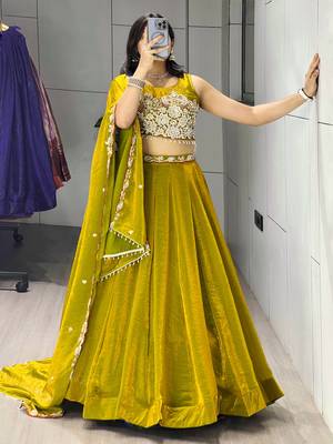 Antique-Gold Color Premium Beads Work Fendy Lehenga With Fully Unstitched Blouse 1