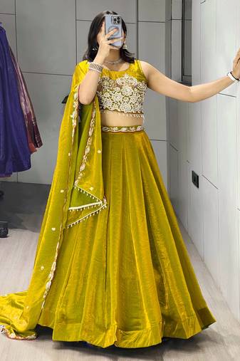 Antique-Gold Color Premium Beads Work Fendy Lehenga With Fully Unstitched Blouse