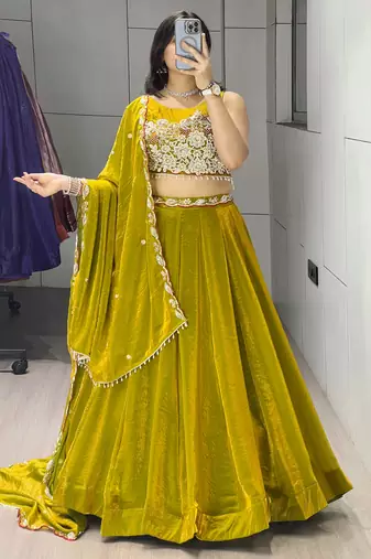 Antique-Gold Color Premium Beads Work Fendy Lehenga With Fully Unstitched Blouse
