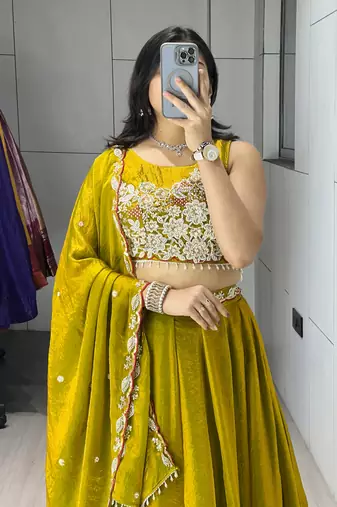 Antique-Gold Color Premium Beads Work Fendy Lehenga With Fully Unstitched Blouse