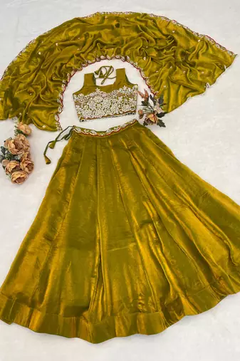 Antique-Gold Color Premium Beads Work Fendy Lehenga With Fully Unstitched Blouse