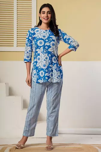 Blue floral printed kurti with straight pants – cotton co-ord set