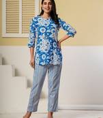 Blue floral printed kurti with straight pants – cotton co-ord set