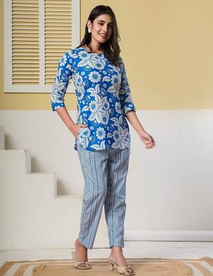 Blue floral printed kurti with straight pants – cotton co-ord set 3