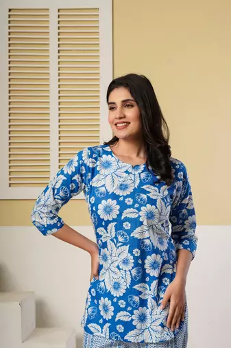 Blue floral printed kurti with straight pants – cotton co-ord set