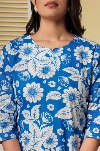 Blue floral printed kurti with straight pants – cotton co-ord set