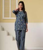 Navy blue floral printed kurti with striped straight pants – cotton co-ord set