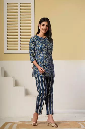 Navy blue floral printed kurti with striped straight pants – cotton co-ord set