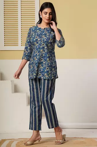 Navy blue floral printed kurti with striped straight pants – cotton co-ord set